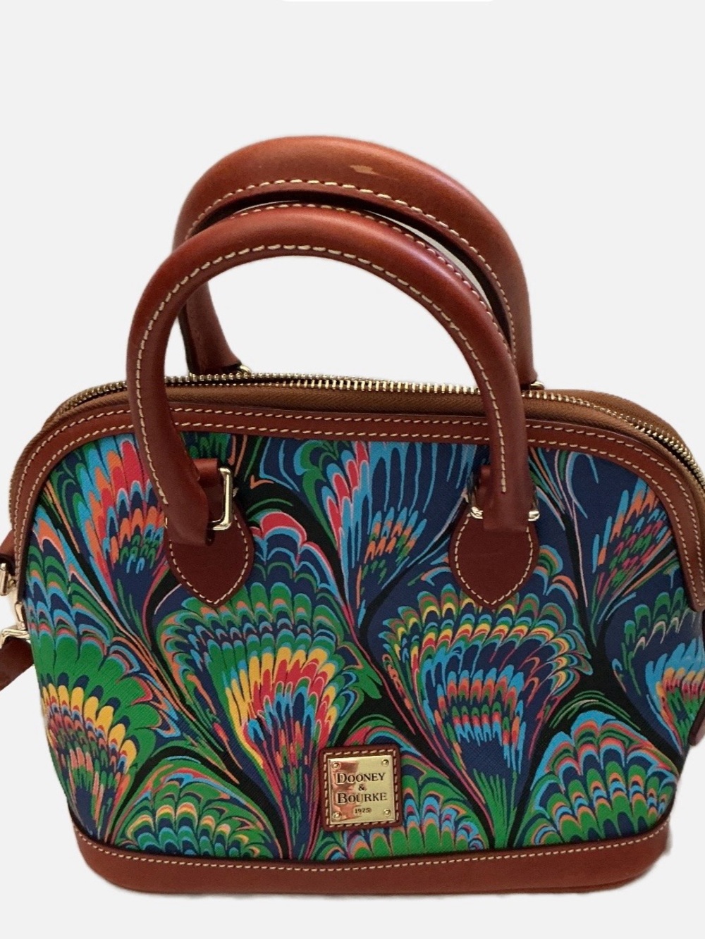 Dooney & Bourke Multicolor Peacock-Print Satchel with Brown Leather Trim - Picture 8 of 8